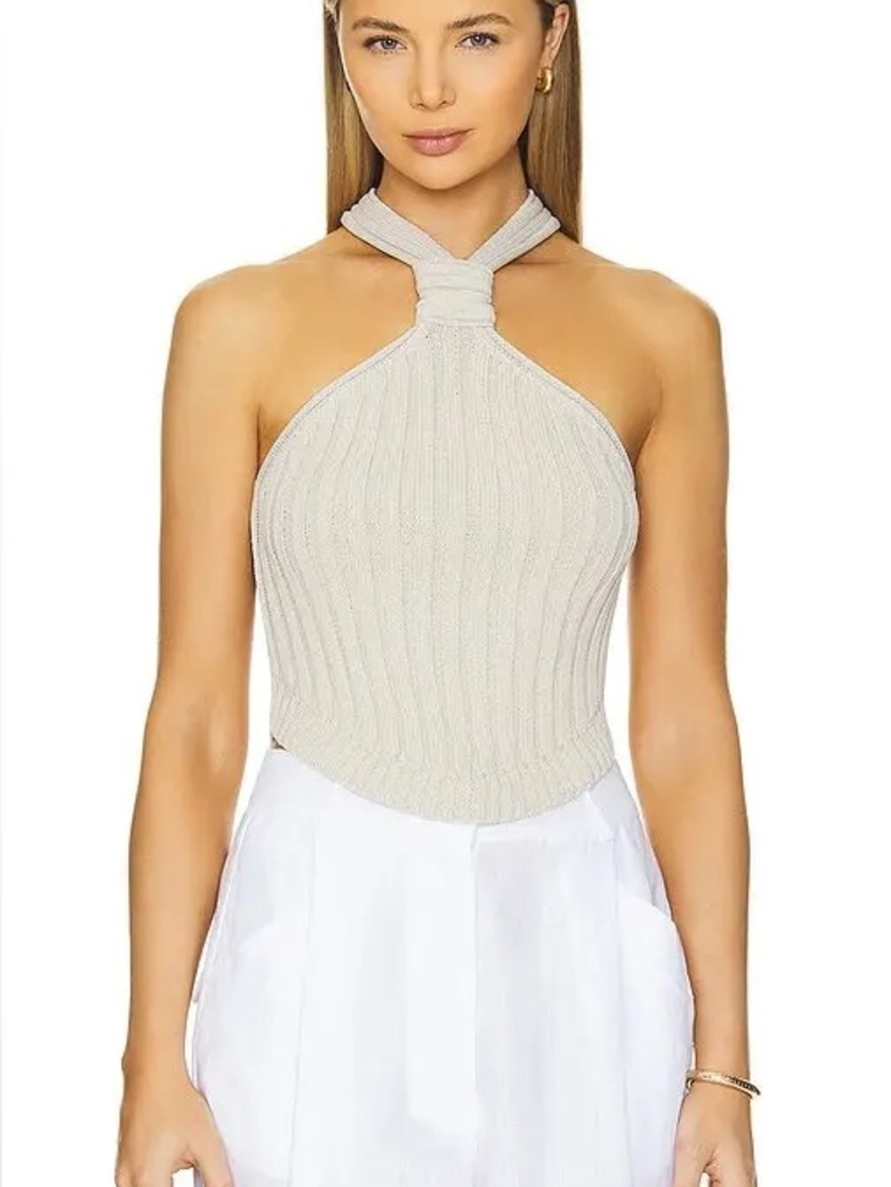 Line & Dot Cream Twist Halter Ribbed Tank - Picture 8 of 9